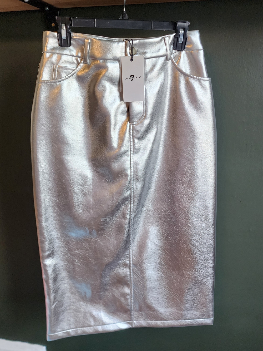 7 For All Mankind Metallic Silver Midi Pencil Skirt